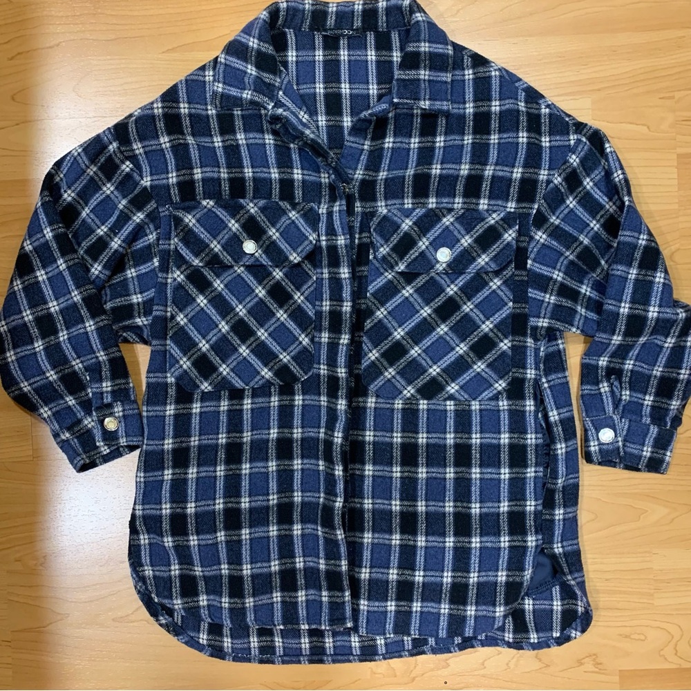 Blue oversized flannel button down top
